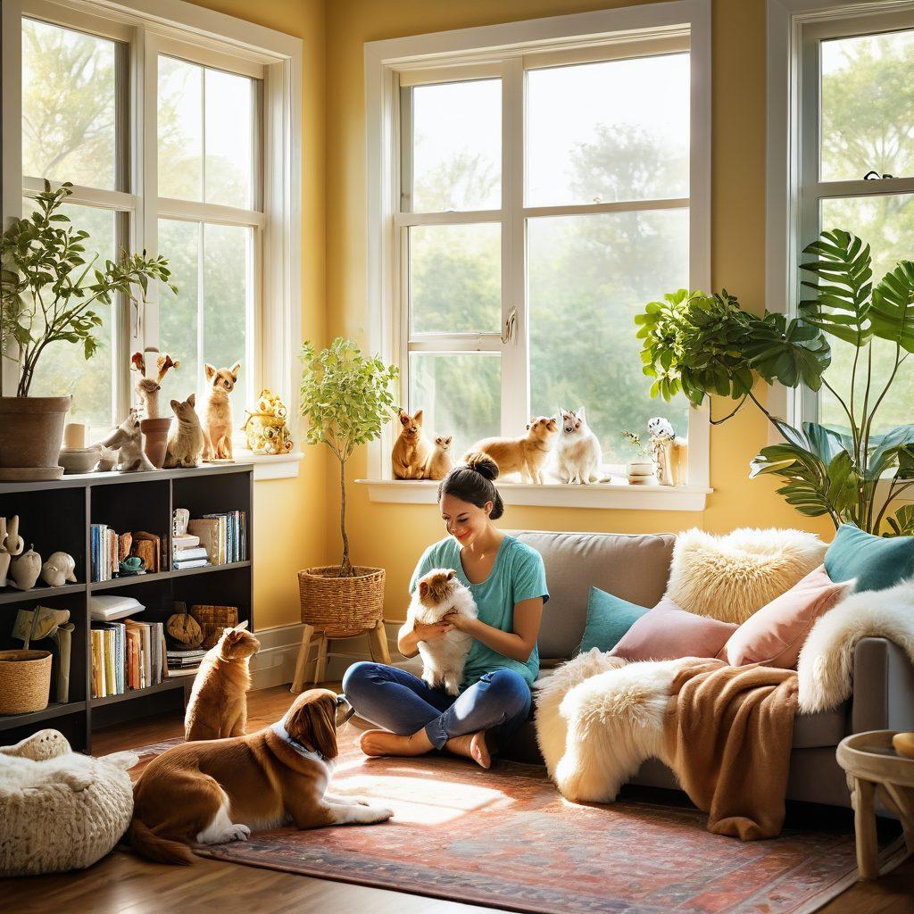 A heartwarming scene of a diverse range of pets, including dogs, cats, and small animals, happily interacting with their owners in a bright, cozy living room filled with vibrant toys and pet essentials. Soft sunlight streams through a window, creating a sense of warmth and joy, with a focus on the expressions of contentment on both the animals and their caregivers. Ideal for illustrating pet wellness and happiness. super-realistic. vibrant colors. cozy atmosphere.