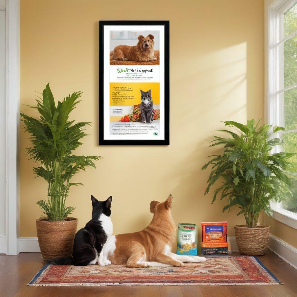 A heartwarming scene featuring a healthy dog and cat happily interacting in a sunlit living room filled with vibrant plants. Incorporate a bowl of colorful pet food on the floor, framed certification of pet nutrition on the wall, and a shelf with pet health books in the background. The atmosphere radiates warmth and love, emphasizing the bond between pets and their owners. super-realistic. vibrant colors. warm lighting.