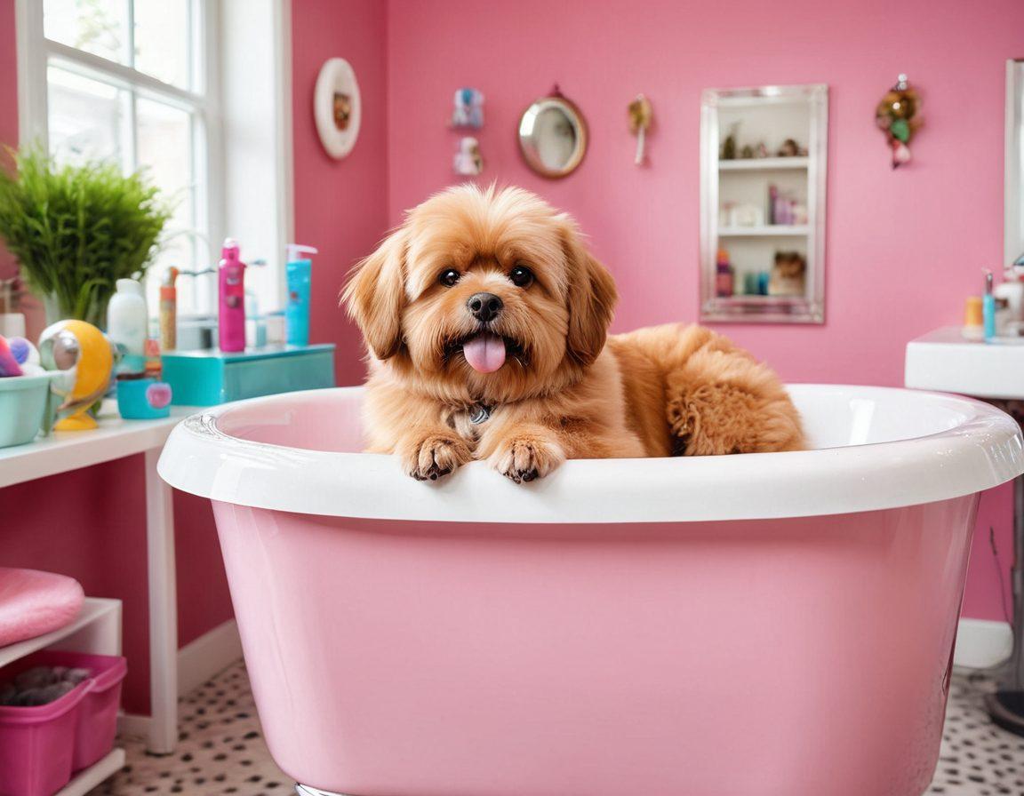 A lively pet grooming salon filled with various pets being pampered, including a dog in a bathtub with bubbles, a cat on a grooming table, and a trainer teaching a puppy tricks in the background. Bright, cheerful colors to reflect a positive atmosphere, with pet service tools like brushes, clippers, and toys scattered around. The scene conveys the warmth and care of pet services. vibrant colors. super-realistic.